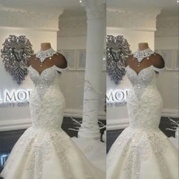 New Sexy Luxury Dubai Arabic Mermaid Wedding Dresses High Neck Illusion Lace Appliques Crystal Beaing Hollow Back Tulle Formal Bri266J
