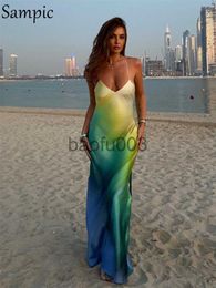 Casual Dresses Sampic Satin Print Sexy Maxi Bodycon Beach Dress Summer Women Dye Tie Backless Elegant Party Dresses Holiday Outfits J230619