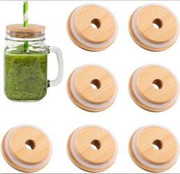 Bamboo Cap Lids 70mm 83mm Reusable Bamboo Mason Jar Lids with Straw Hole and Silicone Seal JL1222
