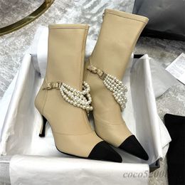 Women Ankle Boots Women Shoes Genuine Leather Boots Pearls High Heels Ankle Boots Autumn Designer Shoes Pointed Toe Zipper Boots