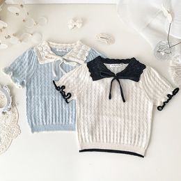 Pullover Summer Baby Kidat Sweter w stylu Koreańskie dziewczyny cienkie dzianiny swetry falowne puste pulover z krótkim rękawem Tops 230619