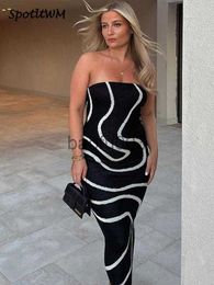 Casual Dresses Black White Knit Striped Strapless Long Dress Women's Sexy Sleeveless Backless Wrap Hips Dresses Female Summer Party Club Dress J230619
