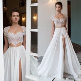 2020 Riki Dalal Two Pieces Beach A Line Wedding Dresses Beaded High Side Split Lace Applique Short Sleeves Chiffon Bridal Gowns249q