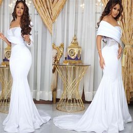 2021 Plus Size Arabic Aso Ebi Beaded Mermaid Sexy Wedding Gowns Long Sleeves Sheer Neck Satin Bridal Dresses ZJ465254J