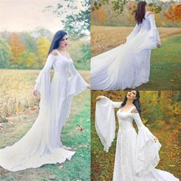 Fantasy Fairy Medieval Wedding Dresses Lace Up Custom Made Off the Shoulder Long Sleeves Court Train Full Lace Bridal Gowns High Q303S