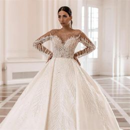 Luxury Arabic Dubai Beads Crystals Ball Gown Wedding Dresses 2022 Vestido de Noiva Soft Tulle Long Sleeve Wedding Bridal Gowns cph249M