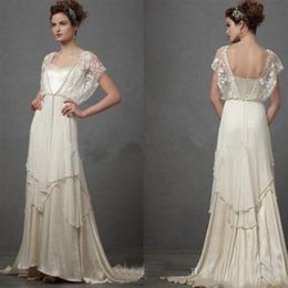 Vintage 1920s Catherine Deane Lita Wedding Dresses with Sleeves Fairy Lace Chiffon V-neck Full Length Bridal Wedding Gowns Custom 293n