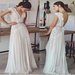 vintage lace beaded wedding dresses 2017 simple A-line v neckline v backless sweep train bridal gowns320v