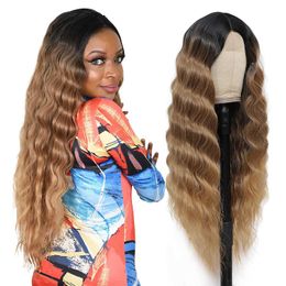 Nxy Hair Wigs Ombre Brown Synthetic Lace Wig Long Curly for Women Deep Wave Middle Part with Fake Scalp 14 32inch 230619