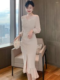 Casual Dresses 2023 Sweet Elegant Women Midi Dress Chiffon Puff Sleeve High Waist Slit Ruffles Trumpet Robe Female Office Party Street