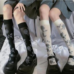 Women Socks Rose Flower Elastic Knee Stockings Long Vintage Girls Thigh High Japanese Style JK Lolita