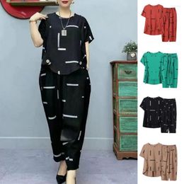 Women's Two Piece Pants Loose Outfit Irregular Hem Soft Sportwear Mid-aged Mother Casual Printing Vintage Top Set Daily Garment