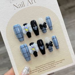 False Nails Handmade Korean Summer Press Ons Blue With Design Reusable Adhesive Cute Artifical Acrylic Full Cover Nail Tips For girls 230619