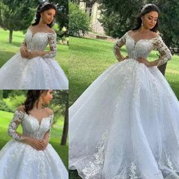 Vestidos de Noiva de Renda Brilhante Vestido de Baile Princesa 2022 Flores com Miçangas Corpete Ilusão Manga Longa Vestidos de Noiva até o Chão C0316263F