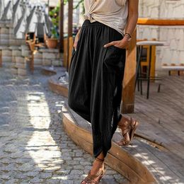 2024 New Summer Casual Fashion Solid Colour Linen Loose Pocket Wide Leg Radish Trousers Women's Trousers Beach Pants 1GSHD