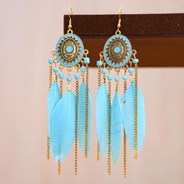 Dangle Earrings Ethnic Oval Drop Glaze Feather For Women Vintage Long Gold Colour Chain Beads Tassel Earring Boho Pendientes Mujer