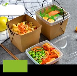 Disposable Fast Food Boxes Kraft Paper Lunch Box with Handle Dogget Packaging Snack Box Takeout Containers SN6921