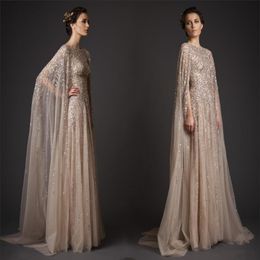 Wedding Dresses A-Line Crew Champagne See-Through Tulle Bridal Gowns Appliques Beads Watteau Dresses Krikor Jabotian Gowns HY4170218O