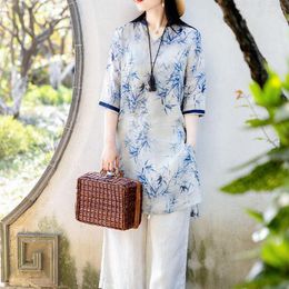 Ethnic Clothing 2023 Chinese Style Traditional Hanfu Top Women Elegant Blouse Oriental Cotton Linen Floral Printing Cheongsam