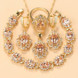Pins Brooches Luxury Necklace Sets Champagne Cubic Zirconia Dangle Earrings Bracelet Ring Gold Plated Women Wedding Jewellery Set 230619