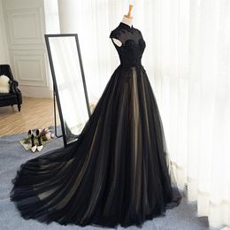 Gothic Black Wedding Dresses Champagne Lining High Neck Lace Appliques Capped Sleeves Zipper up Sweep Train Wedding Dress Cheap Br198x