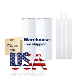 USA CA Warehouse 20 Oz Sublimation Tumblers Stainless Steel Double Wall Insulated Coffee Mug White Straight Blank 0619