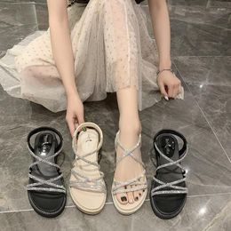 Sandals Rhinestone 2023 Summer Clear Heels Female Shoe Mid-Calf Strap Girls Medium Beige Comfort Gladiator Beach Fashion