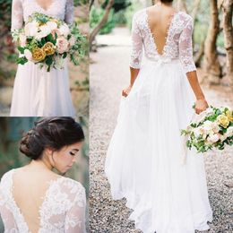 Vintage Wedding Dresses Lace Chiffon Bridal Dresses Boho Lace Dress V-neck 3 4 Long Sleeves Low Back A-line Wedding Dresses yo91266h