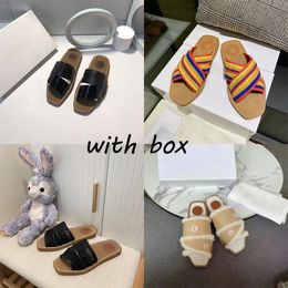 Designer Women Wooden Slide Square Flat Bottom Mule Slipper Letter Lace Denim Canvas Slipper Beach Swimming Pool Shoe Braided Sandal Size 35-42 with box