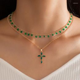 Chains European And American Style Cross Pendant Necklace With Two Layers Of Tassel Rhinestone Women's Set