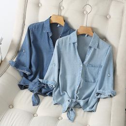 Women's T Shirts Knot At The Hem Solid Coloured Denim Shirt With Silk Thread Women's Summer Slimming 5/4 Middle Sleeve Thin And Draped
