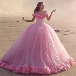 Saidmhamad Off the Shoulder Hand Made Flowers Pink Ball Gowns Beach Bridal Dress with Color Wedding Dress vestidos de noiva293s