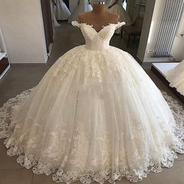 Gorgeous Off Shoulder Arabic Dubai Princess Ball Gown Wedding Dresses Lace Applique Sweep Train abito da sposa vestido de novia235S