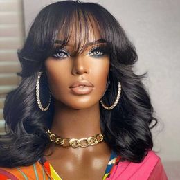 Nxy Hair Wigs Short Bob Wig with Bangs Body Wave Human Guleless Elastic Band for Black Women 230619