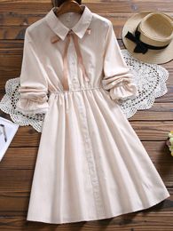 Casual Dresses Arrival Spring Autumn Women Clothing Turn-Down Collar Ribbon Apricot Plaid Dress Mori Girl Flare Sleeve Elegant Shirt