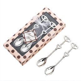Stainless Steel Double Heart Spoon Gift Boxes 2pcs/set Metal Heart Spoons Set Tea Coffee Drinking Teaspoon Bridal Wedding Gifts Q216