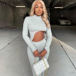 Women's Two Piece Pants Akaily Autumn Grey 2 Sets Tracksuit Women Outfits 2023 Sweatsuits For Asymmetrical Crop Top Long Set Suits