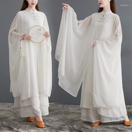 Ethnic Clothing Style Retro Clothes Women Spring Autumn Fairy Zen Dance White Yoga Tai Chi Dress Two-piece Suit