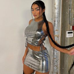 Work Dresses Ekaliy Hollow Out Metallic Two Piece Sets Womens Outifits Lace Up Crop Top Mini Skirt Suits Y2K Sexy Night Club Rave Streetwear