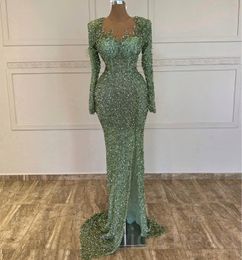 2023 Aso Ebi Mermaid Sequined Lace Prom Dress Sheer Neck Evening Formal Party Second Reception Birthday Bridesmaid Engagement Gowns Dresses Robe De Soiree ZJ415