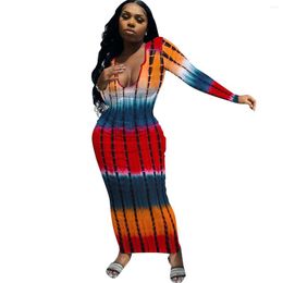 Casual Dresses Long For Women 2023 Sleve Sexy V Neck Bodycon Tie Dye Stripe Print Maxi Dress Night Club Party Vestidos