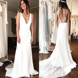Simple A Line Wedding Dresses V Neck Backless Tulle Satin Lace Wedding Guest Dress Bridal Gowns Bridesmaid Dress BM1513268S