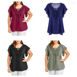 Women's T Shirts Women Flutter Short Sleeve Shirt Sexy Lace V-Neck Tie-Up Loose Tunic Blouse Top 10CF