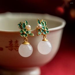 Stud Earrings An White Jade Bead Chinese Enamel Colour Elegant Female Charm Pearl Retro Minority Jewellery