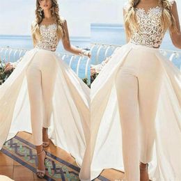 Wedding Dresses Jumpsuits With Detachable Train Jewel Neck Lace Appliqued Illusion Long Sleeves Bridal Gowns Custom Made Abiti Da 258g