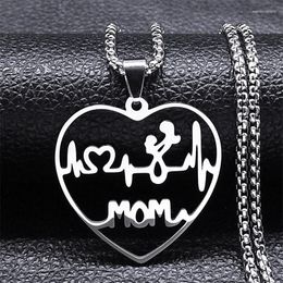 Pendant Necklaces Mom Heartbeat Love Heart Necklace Stainless Steel Silver Colour ECG Clavicle Special Gifts For Mother Family Jewellery