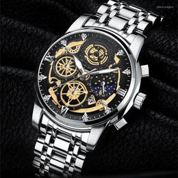 Wristwatches Skeleton Calendar Men's Watch Non-mechanical Multi-function Diamond-encrusted Steel Strap Waterproof