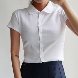 Women's T Shirts Women Short Sleeve Collared Button Up Crop Top Opaque Buttons T-shirt