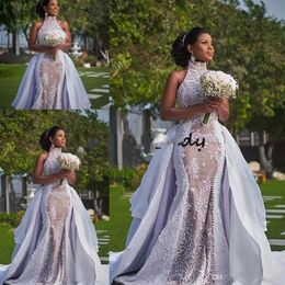 Modest African Wedding Dresses with Detachable Train 2019 High Neck Puffy Skirt Sima Brew Country Garden Royal Plus Size Wedding G338C