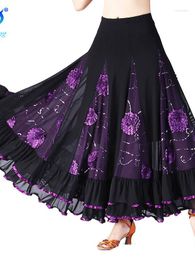 Stage Wear Social Dance Long Skirt Large Swing Modern Competition Dress Performance Half Sequin Flower Square